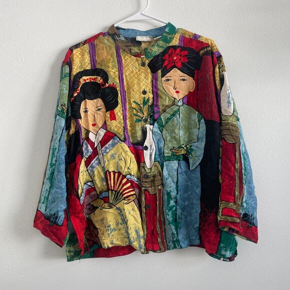 Chicos Button Up Top Women 3 XL Asian Geisha Print Silk Artsy Maximalist - Picture 1 of 12